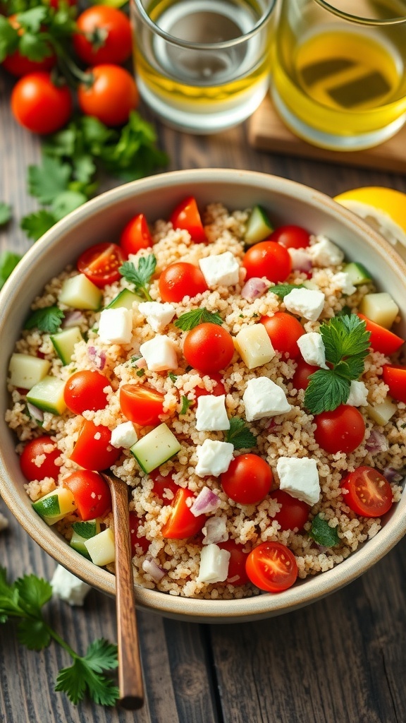 A colorful Mediterranean quinoa salad with cucumbers, cherry tomatoes, red onion, and feta cheese in a bowl on a wooden table.